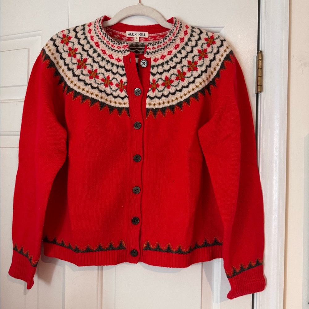 Alex Mill Hilde Fair Isle Cardigan Sweater, Flame Multi, Size Large